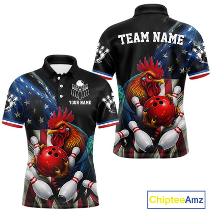 American Flag Rooster Bowling Jersey For Men Custom Patriotic Bowling Shirt Team Polo & 1/4 Zip TDM6119