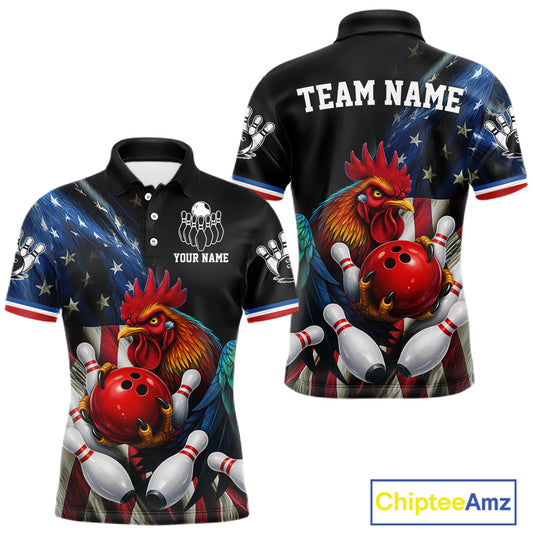 American Flag Rooster Bowling Jersey For Men Custom Patriotic Bowling Shirt Team Polo & 1/4 Zip TDM6119