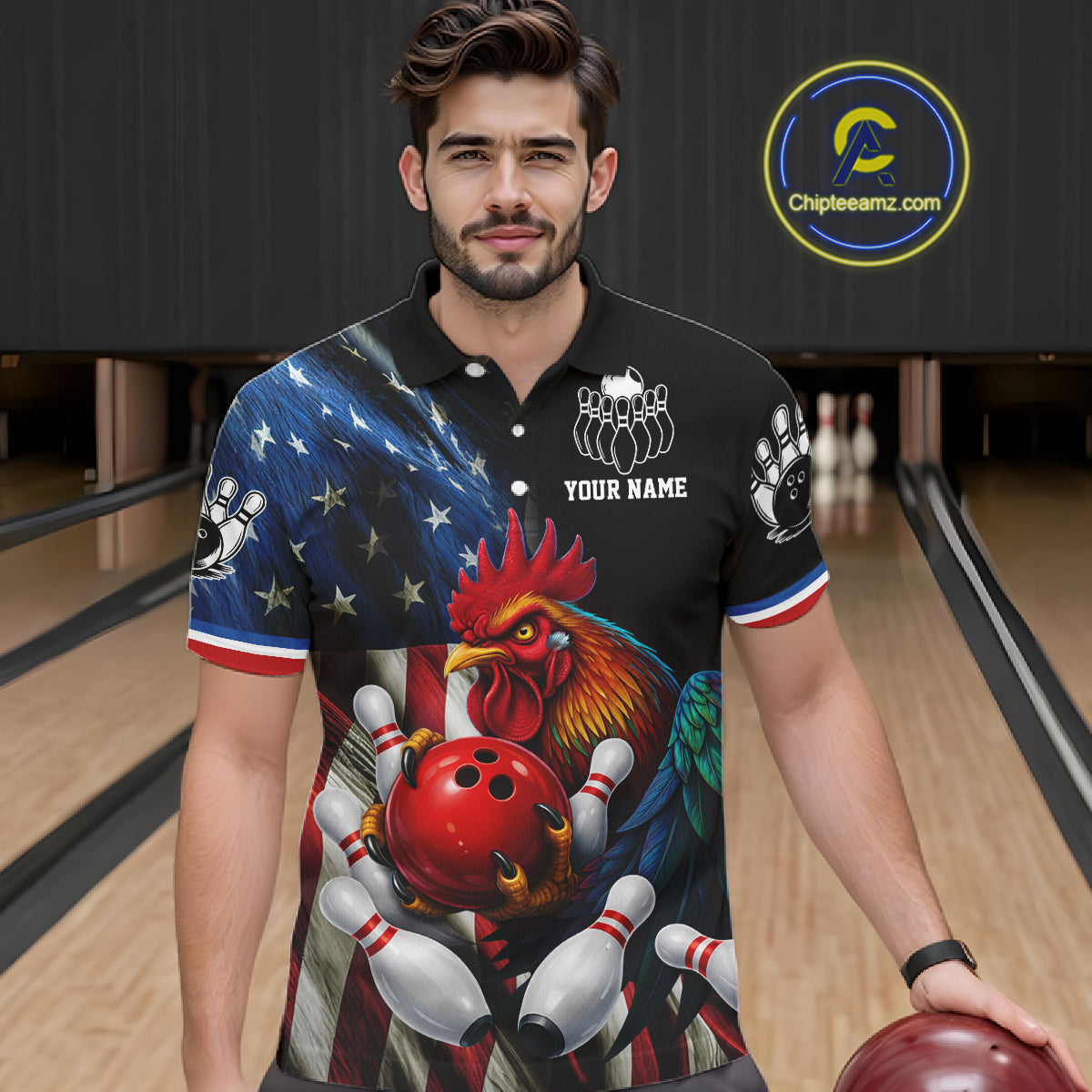 American Flag Rooster Bowling Jersey For Men Custom Patriotic Bowling Shirt Team Polo & 1/4 Zip TDM6119