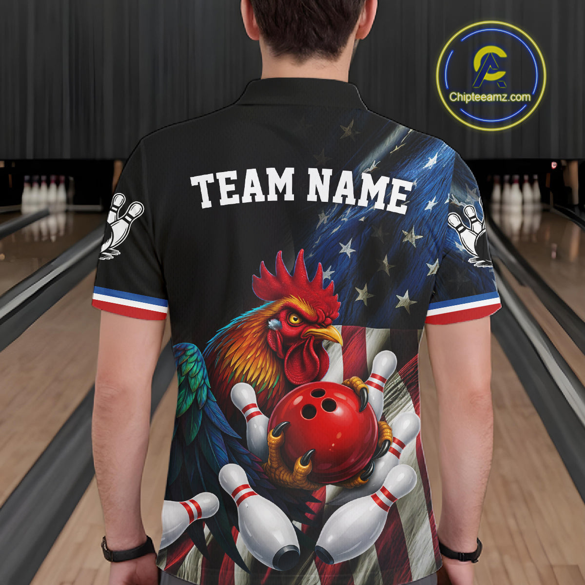 American Flag Rooster Bowling Jersey For Men Custom Patriotic Bowling Shirt Team Polo & 1/4 Zip TDM6119