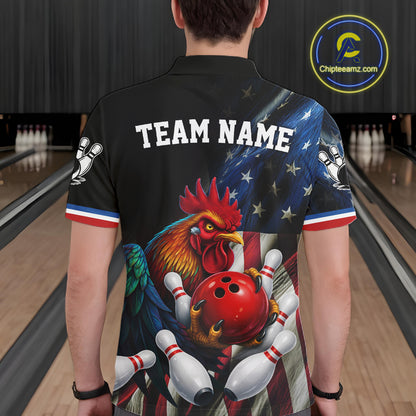 American Flag Rooster Bowling Jersey For Men Custom Patriotic Bowling Shirt Team Polo & 1/4 Zip TDM6119