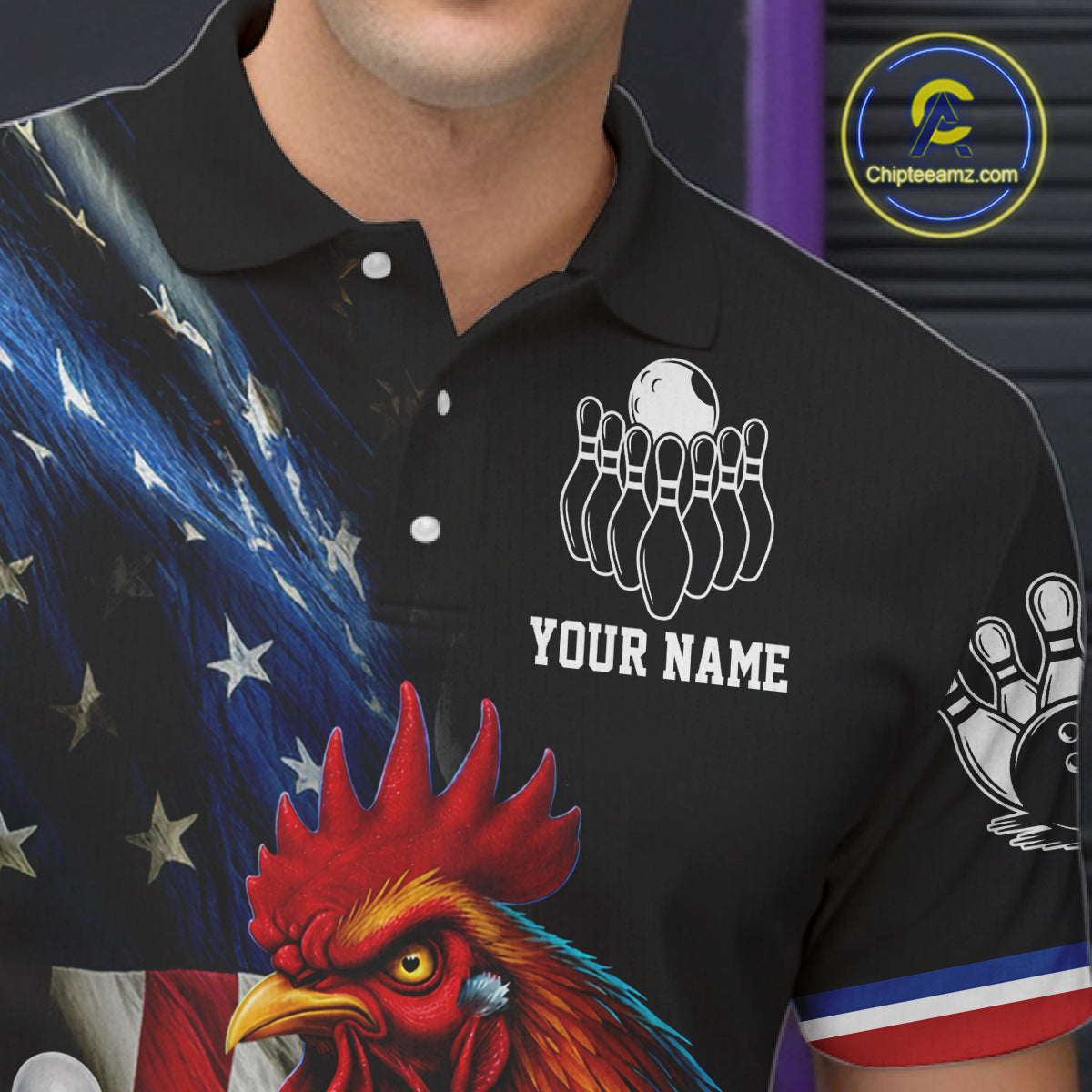 American Flag Rooster Bowling Jersey For Men Custom Patriotic Bowling Shirt Team Polo & 1/4 Zip TDM6119