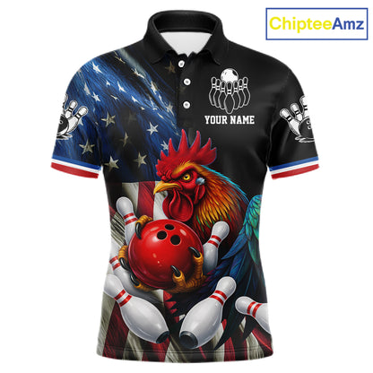 American Flag Rooster Bowling Jersey For Men Custom Patriotic Bowling Shirt Team Polo & 1/4 Zip TDM6119