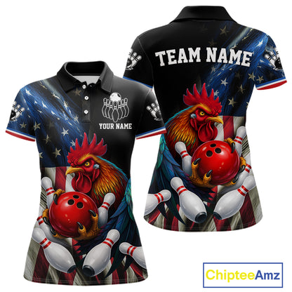 American Flag Rooster Bowling Jersey For Women Custom Patriotic Bowling Shirt Team Polo & 1/4 Zip TDM6119
