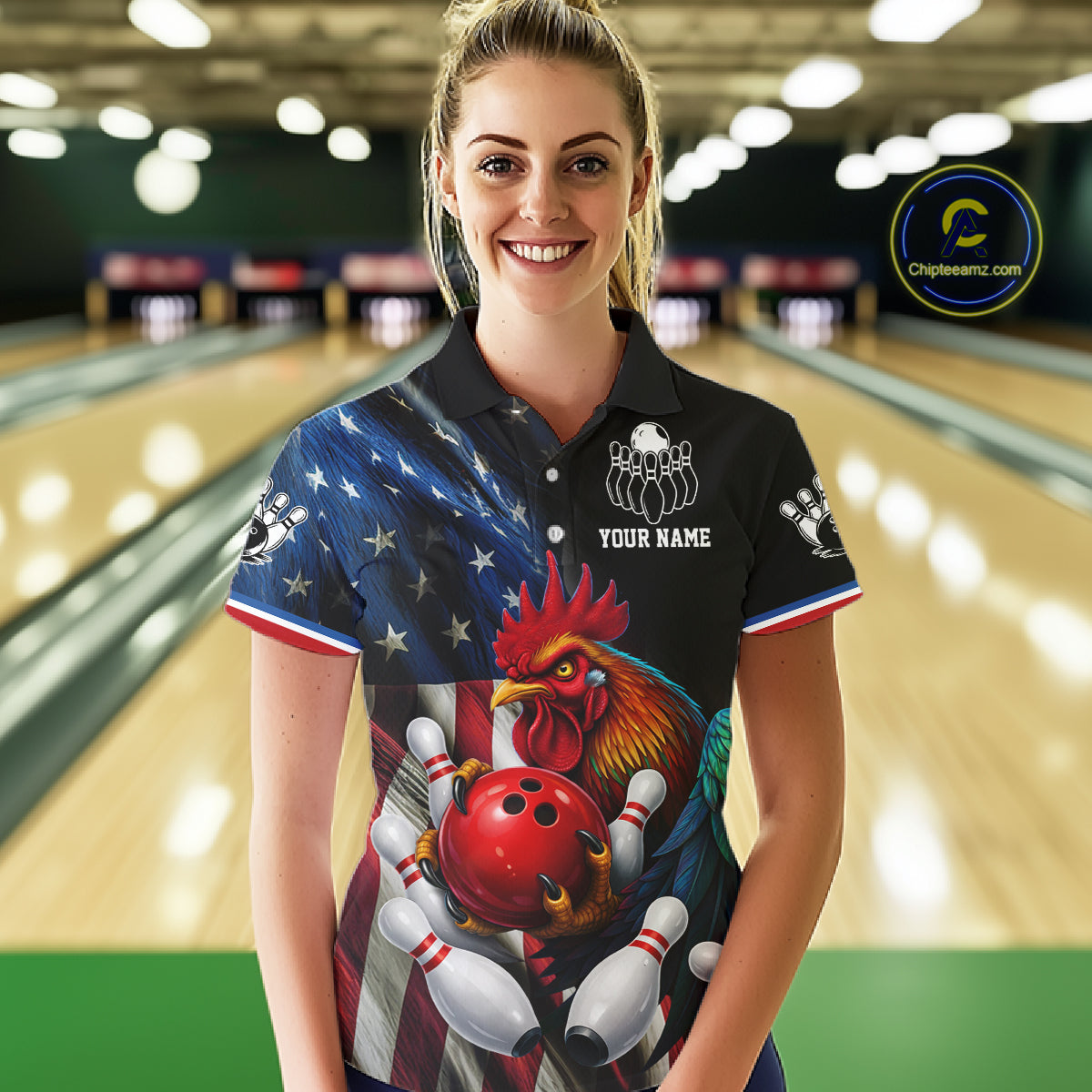American Flag Rooster Bowling Jersey For Women Custom Patriotic Bowling Shirt Team Polo & 1/4 Zip TDM6119