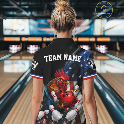 American Flag Rooster Bowling Jersey For Women Custom Patriotic Bowling Shirt Team Polo & 1/4 Zip TDM6119