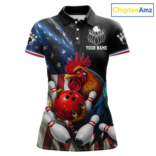 American Flag Rooster Bowling Jersey For Women Custom Patriotic Bowling Shirt Team Polo & 1/4 Zip TDM6119