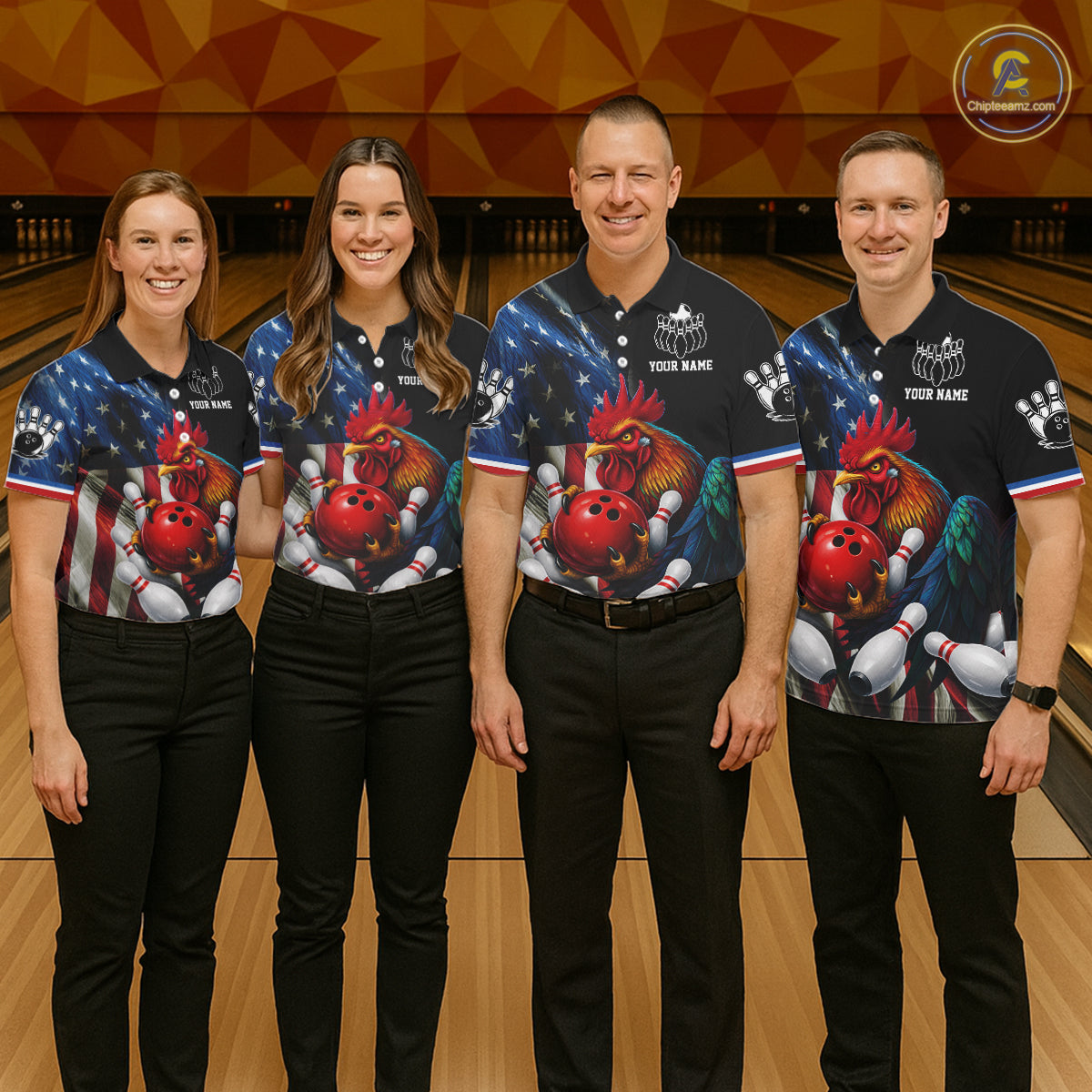 American Flag Rooster Bowling Jersey For Women Custom Patriotic Bowling Shirt Team Polo & 1/4 Zip TDM6119