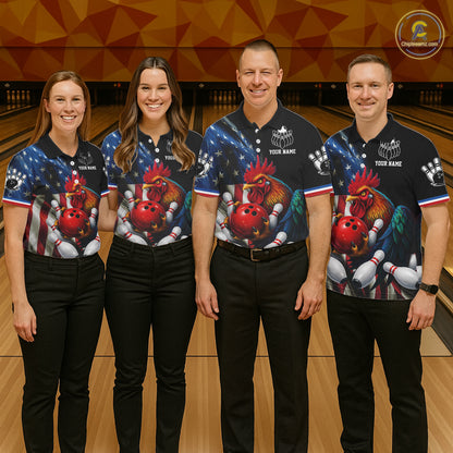American Flag Rooster Bowling Jersey For Women Custom Patriotic Bowling Shirt Team Polo & 1/4 Zip TDM6119