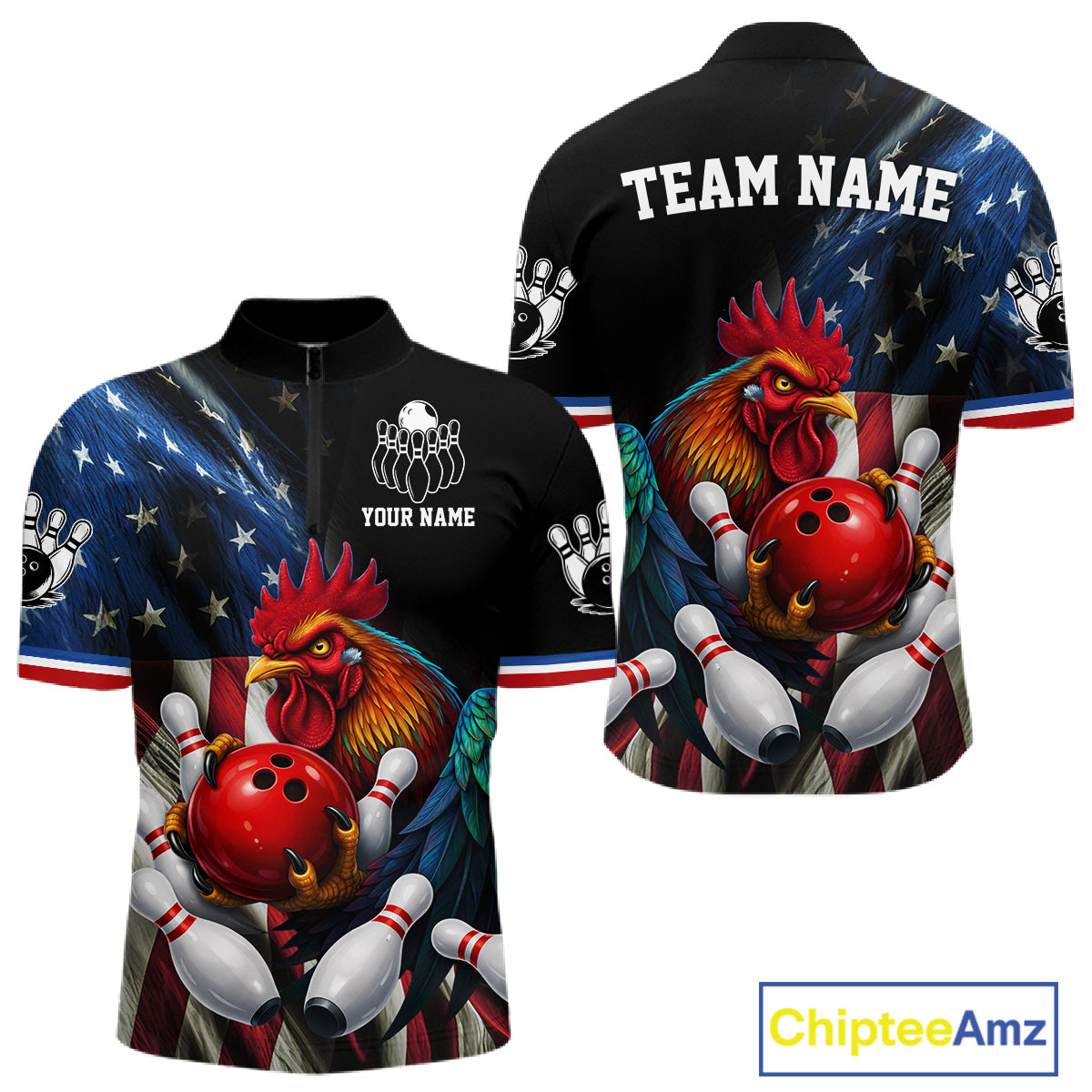 American Flag Rooster Bowling Jersey For Men Custom Patriotic Bowling Shirt Team Polo & 1/4 Zip TDM6119