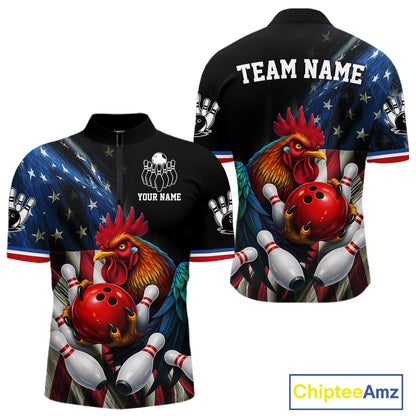 American Flag Rooster Bowling Jersey For Men Custom Patriotic Bowling Shirt Team Polo & 1/4 Zip TDM6119