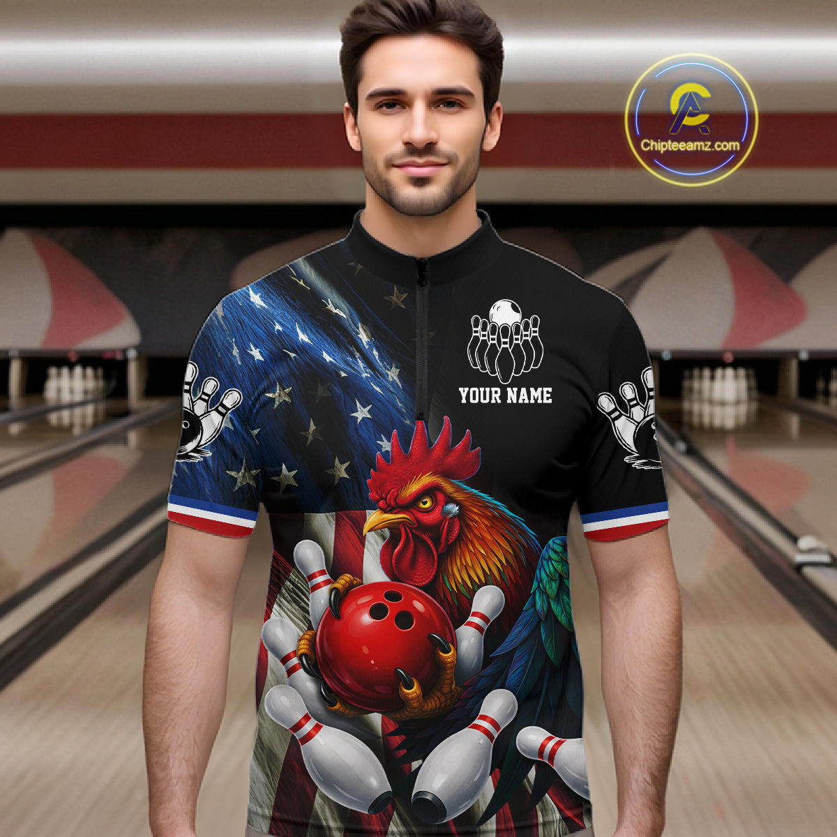 American Flag Rooster Bowling Jersey For Men Custom Patriotic Bowling Shirt Team Polo & 1/4 Zip TDM6119