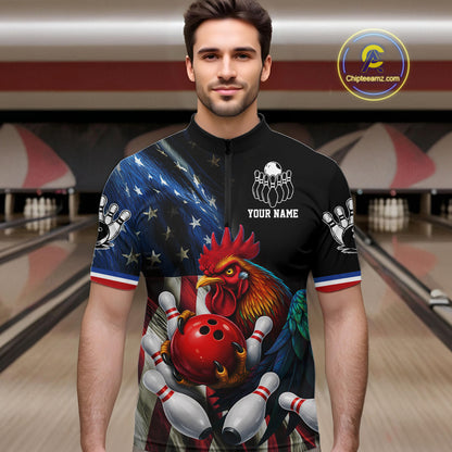 American Flag Rooster Bowling Jersey For Men Custom Patriotic Bowling Shirt Team Polo & 1/4 Zip TDM6119