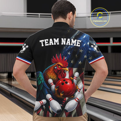American Flag Rooster Bowling Jersey For Men Custom Patriotic Bowling Shirt Team Polo & 1/4 Zip TDM6119
