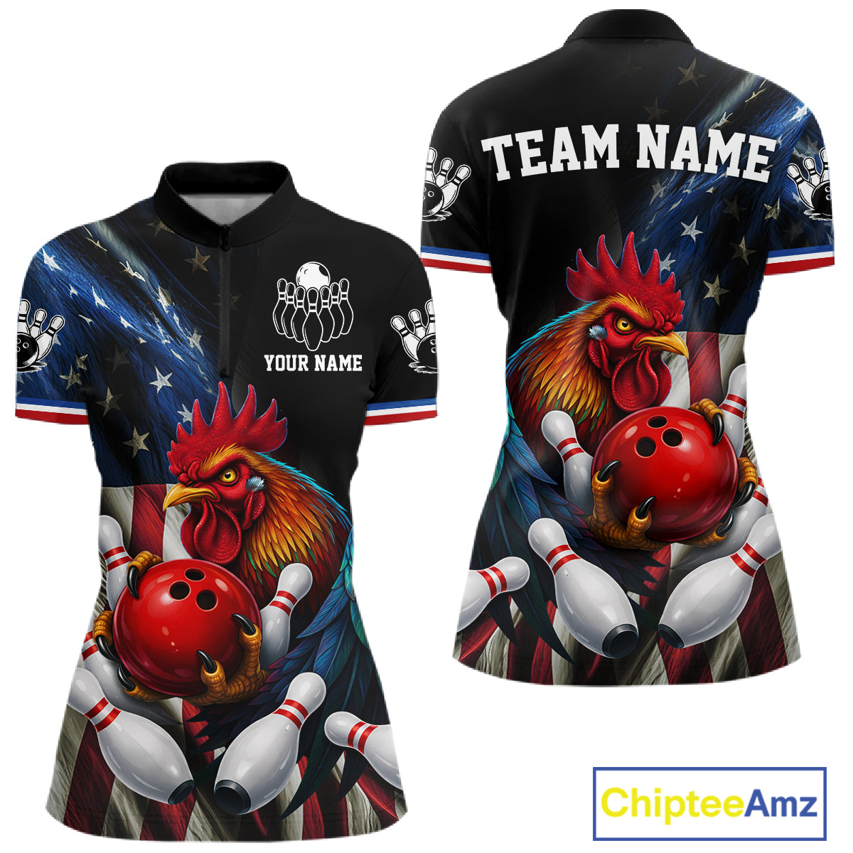 American Flag Rooster Bowling Jersey For Women Custom Patriotic Bowling Shirt Team Polo & 1/4 Zip TDM6119