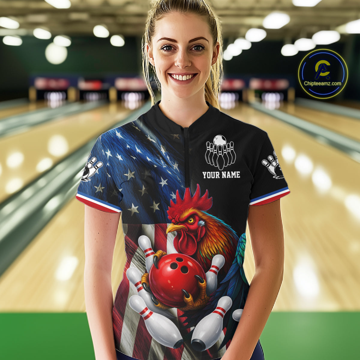 American Flag Rooster Bowling Jersey For Women Custom Patriotic Bowling Shirt Team Polo & 1/4 Zip TDM6119