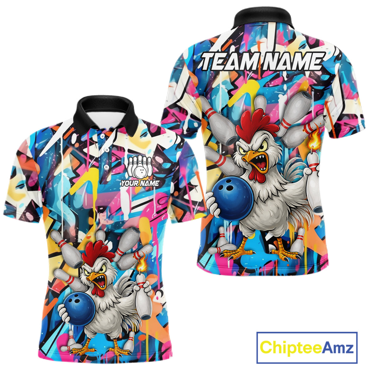 Funny Rooster Colorful Graffiti Style Custom Bowling Shirt For Men, Bowling Jersey Polo & 1/4 Zip TDM6120