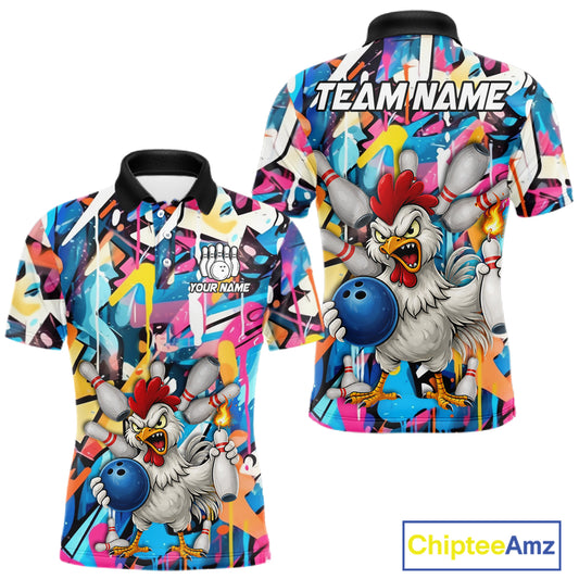 Funny Rooster Colorful Graffiti Style Custom Bowling Shirt For Men, Bowling Jersey Polo & 1/4 Zip TDM6120