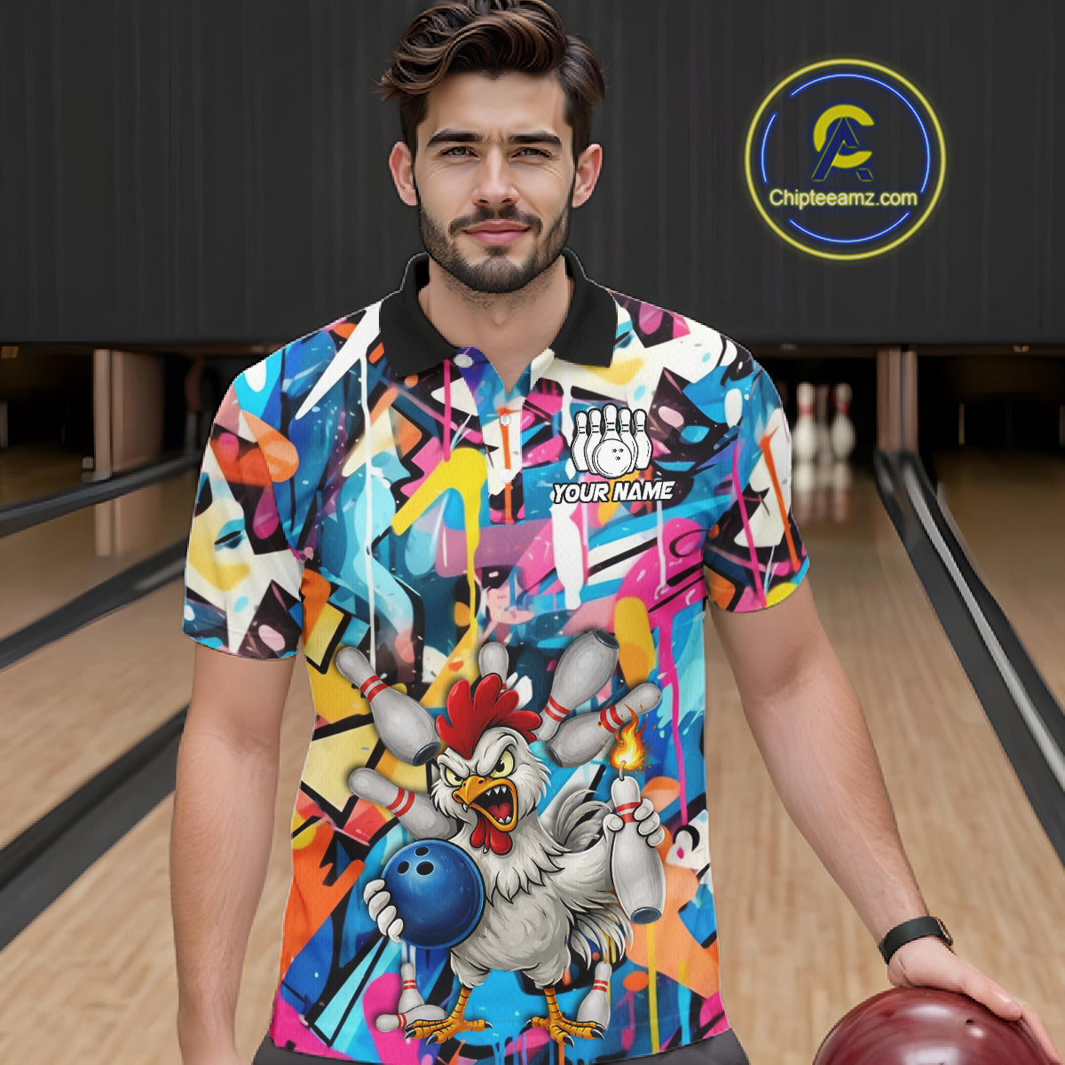 Funny Rooster Colorful Graffiti Style Custom Bowling Shirt For Men, Bowling Jersey Polo & 1/4 Zip TDM6120
