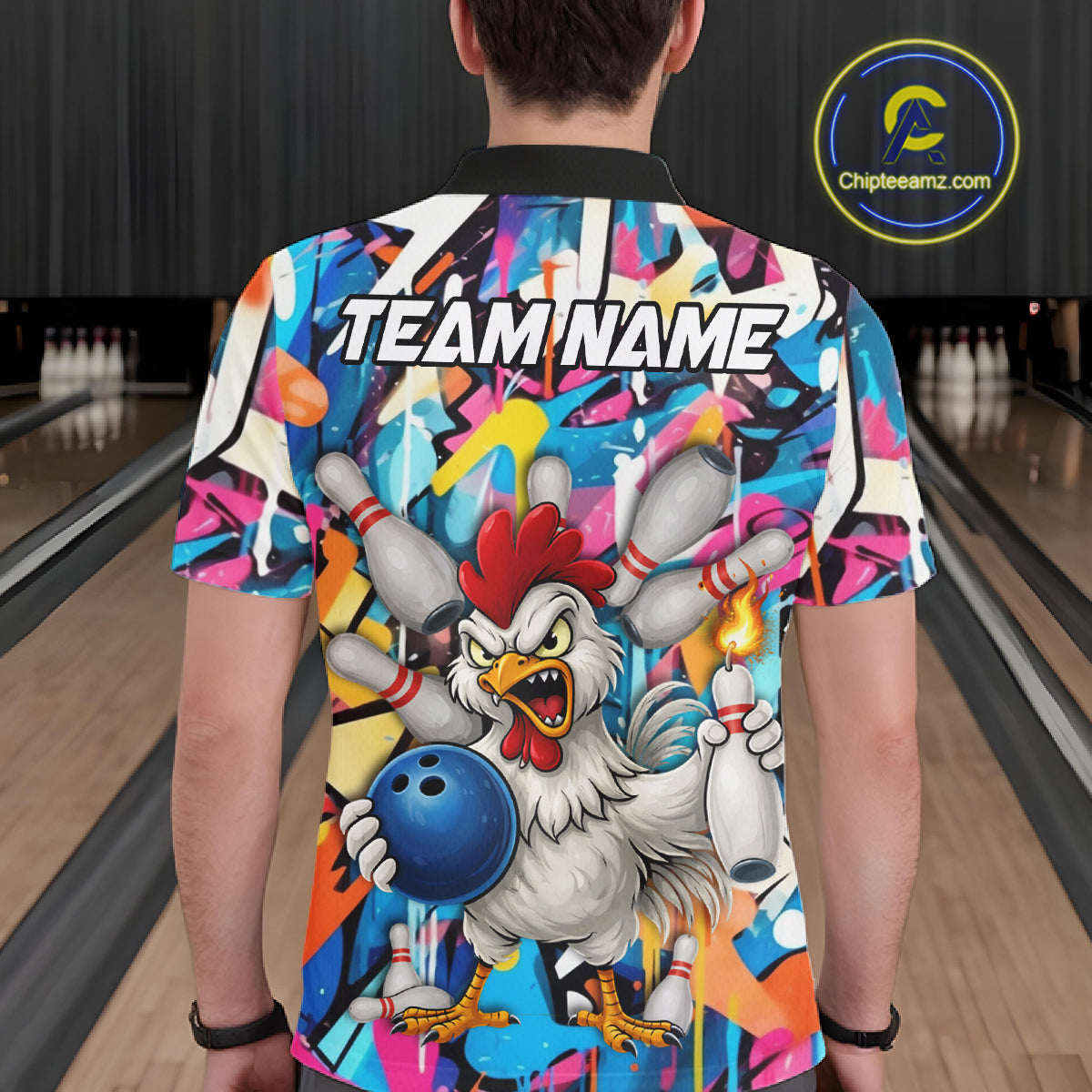 Funny Rooster Colorful Graffiti Style Custom Bowling Shirt For Men, Bowling Jersey Polo & 1/4 Zip TDM6120