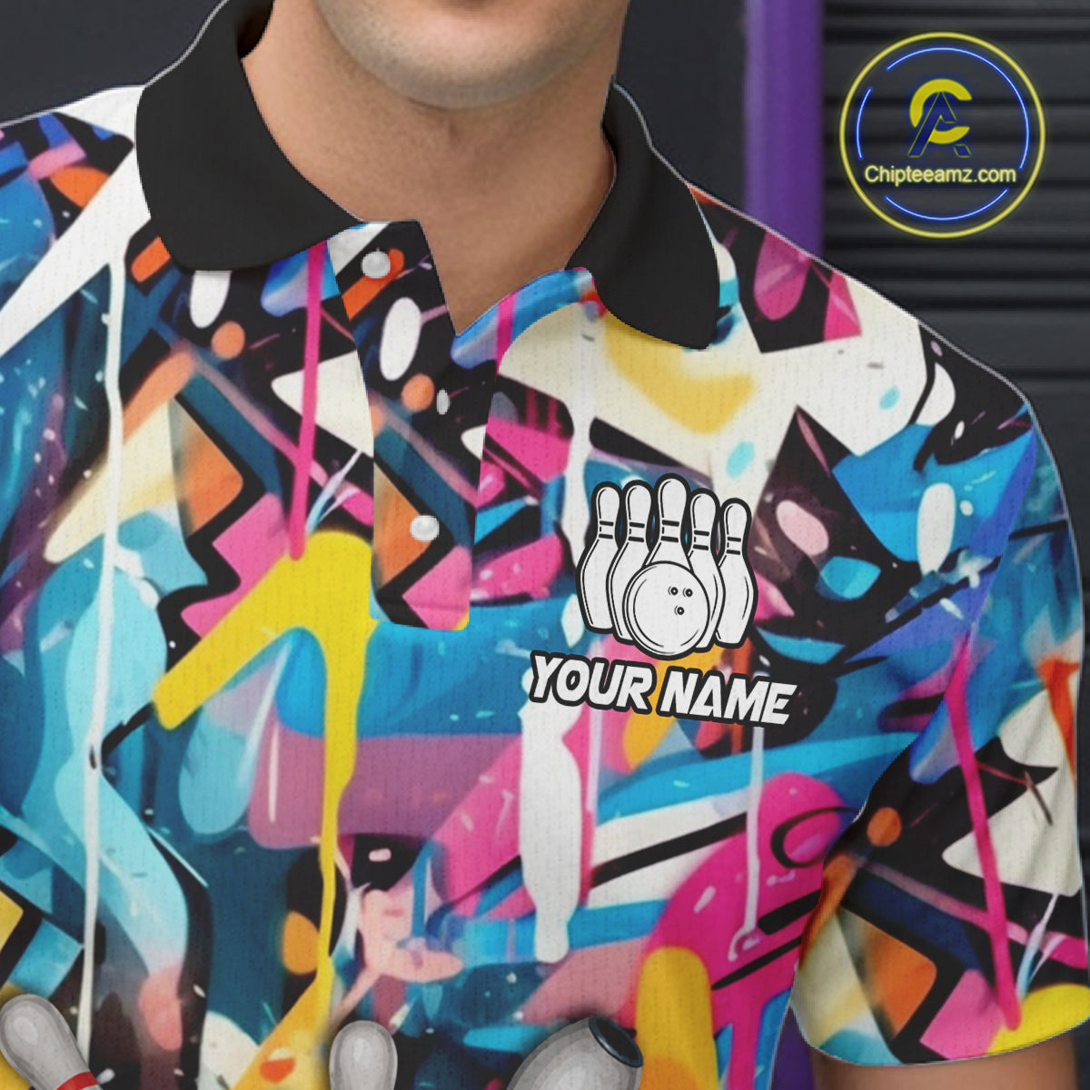 Funny Rooster Colorful Graffiti Style Custom Bowling Shirt For Men, Bowling Jersey Polo & 1/4 Zip TDM6120