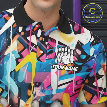 Funny Rooster Colorful Graffiti Style Custom Bowling Shirt For Men, Bowling Jersey Polo & 1/4 Zip TDM6120