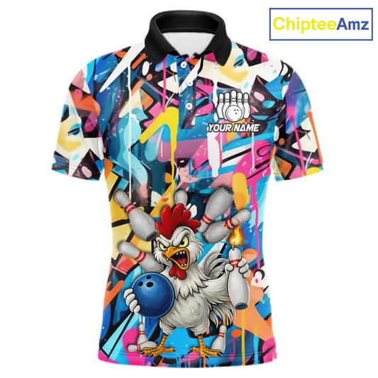 Funny Rooster Colorful Graffiti Style Custom Bowling Shirt For Men, Bowling Jersey Polo & 1/4 Zip TDM6120