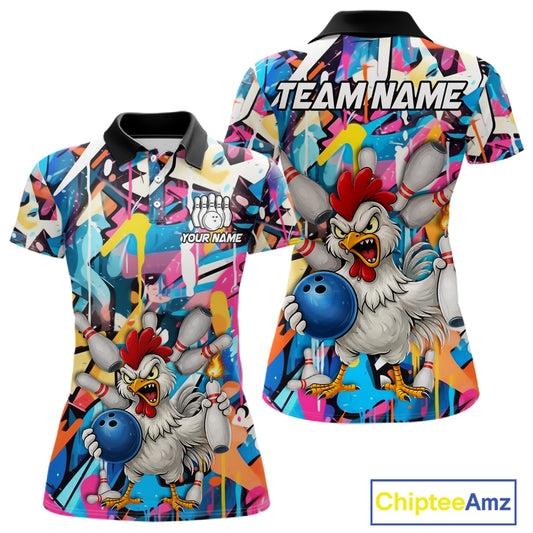 Funny Rooster Colorful Graffiti Style Custom Bowling Shirt For Women, Bowling Jersey Polo & 1/4 Zip TDM6120