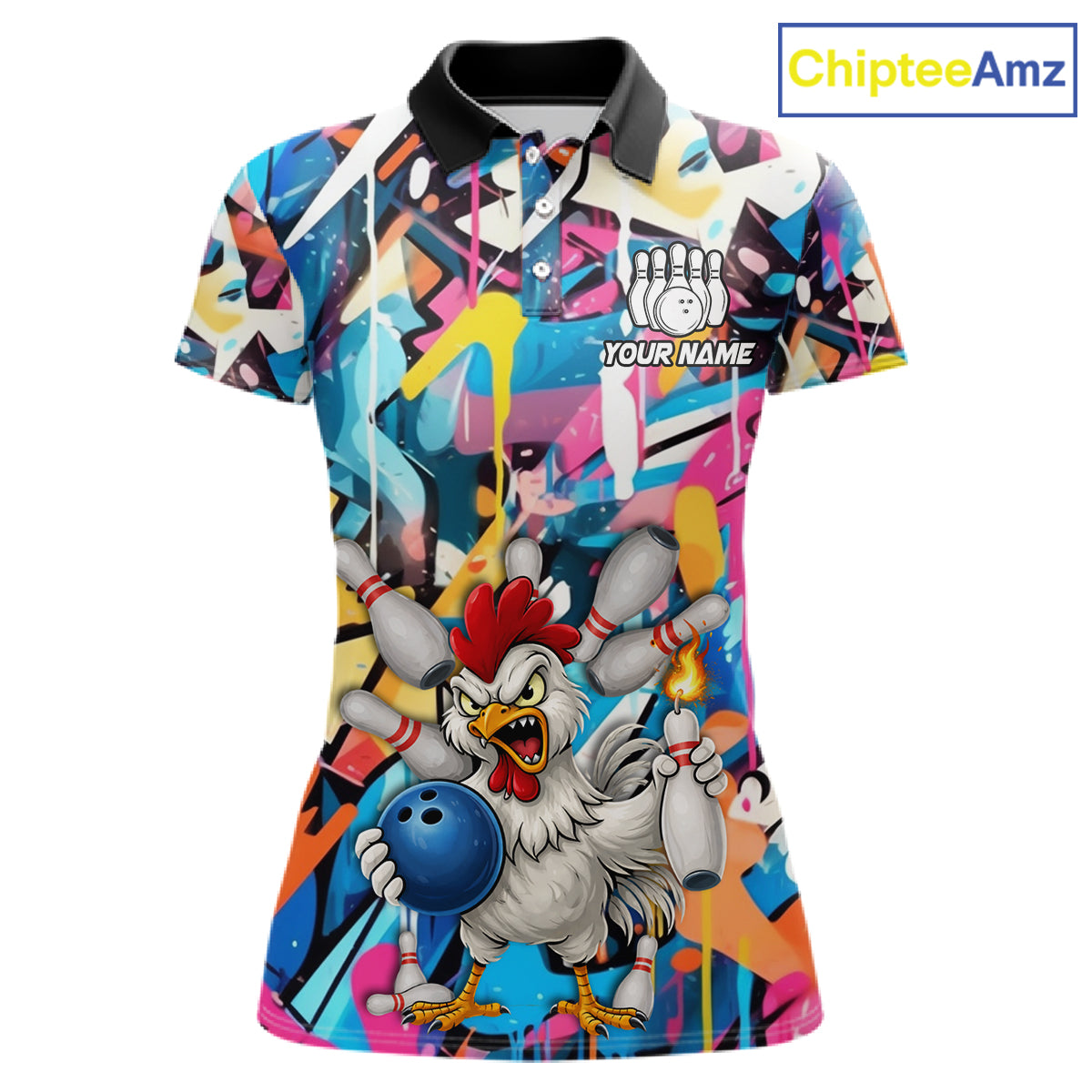 Funny Rooster Colorful Graffiti Style Custom Bowling Shirt For Women, Bowling Jersey Polo & 1/4 Zip TDM6120