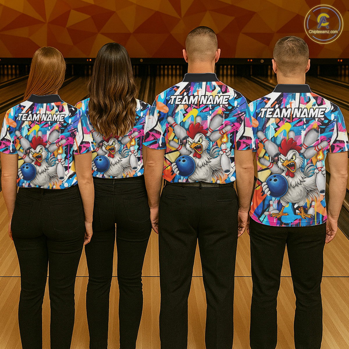 Funny Rooster Colorful Graffiti Style Custom Bowling Shirt For Women, Bowling Jersey Polo & 1/4 Zip TDM6120