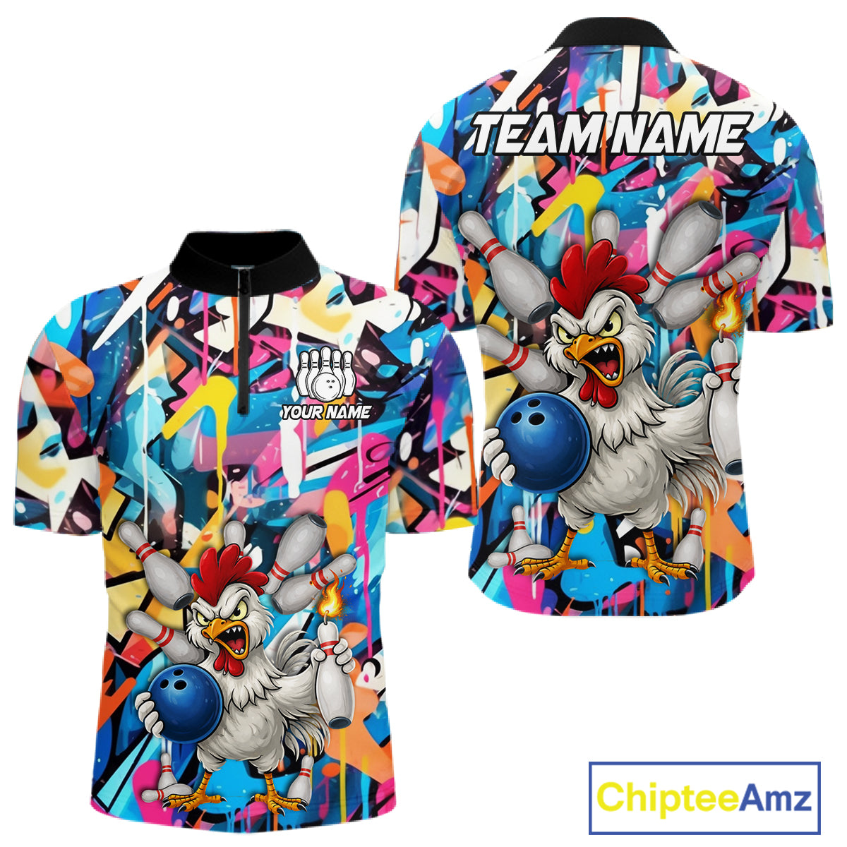 Funny Rooster Colorful Graffiti Style Custom Bowling Shirt For Men, Bowling Jersey Polo & 1/4 Zip TDM6120