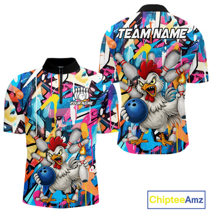 Funny Rooster Colorful Graffiti Style Custom Bowling Shirt For Men, Bowling Jersey Polo & 1/4 Zip TDM6120