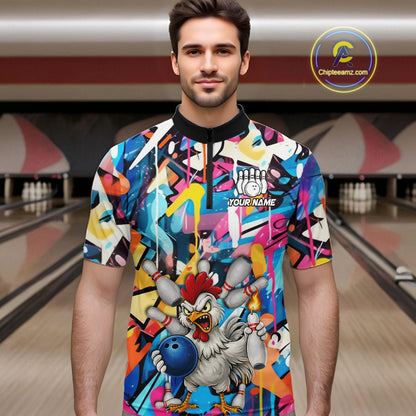 Funny Rooster Colorful Graffiti Style Custom Bowling Shirt For Men, Bowling Jersey Polo & 1/4 Zip TDM6120