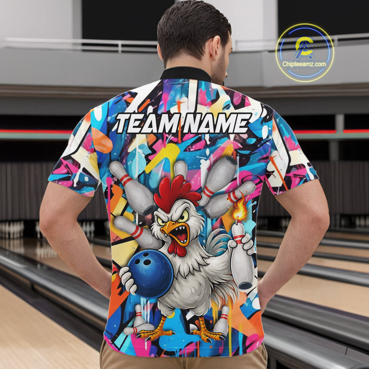Funny Rooster Colorful Graffiti Style Custom Bowling Shirt For Men, Bowling Jersey Polo & 1/4 Zip TDM6120