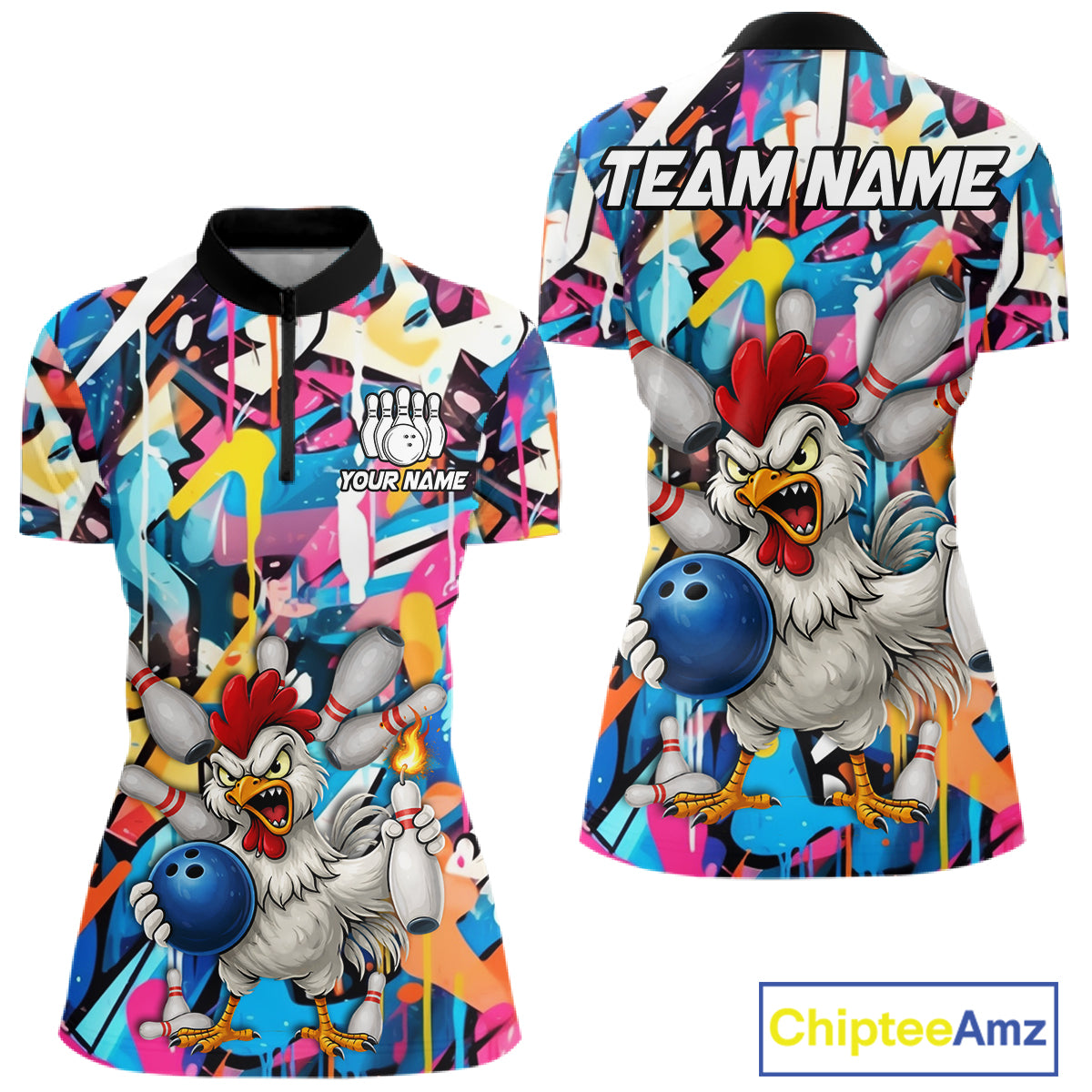 Funny Rooster Colorful Graffiti Style Custom Bowling Shirt For Women, Bowling Jersey Polo & 1/4 Zip TDM6120