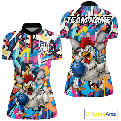 Funny Rooster Colorful Graffiti Style Custom Bowling Shirt For Women, Bowling Jersey Polo & 1/4 Zip TDM6120