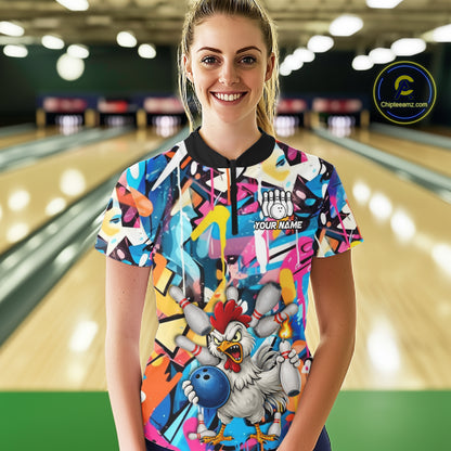 Funny Rooster Colorful Graffiti Style Custom Bowling Shirt For Women, Bowling Jersey Polo & 1/4 Zip TDM6120