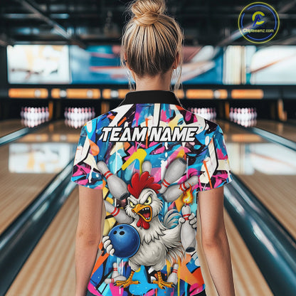 Funny Rooster Colorful Graffiti Style Custom Bowling Shirt For Women, Bowling Jersey Polo & 1/4 Zip TDM6120
