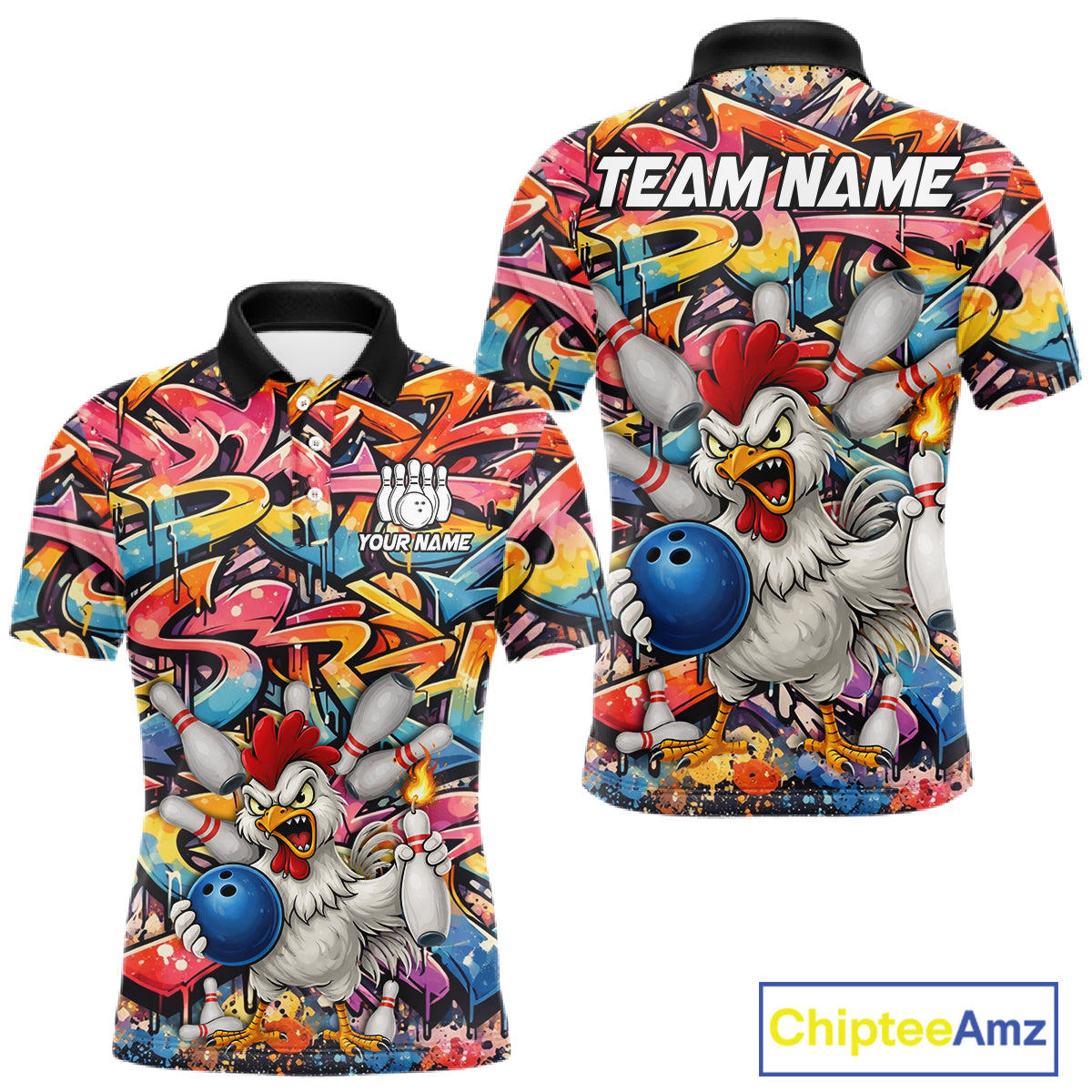 Funny Rooster Graffiti Style Bowling Jersey For Men Custom Bowling Team Jersey Polo & 1/4 Zip TDM6121
