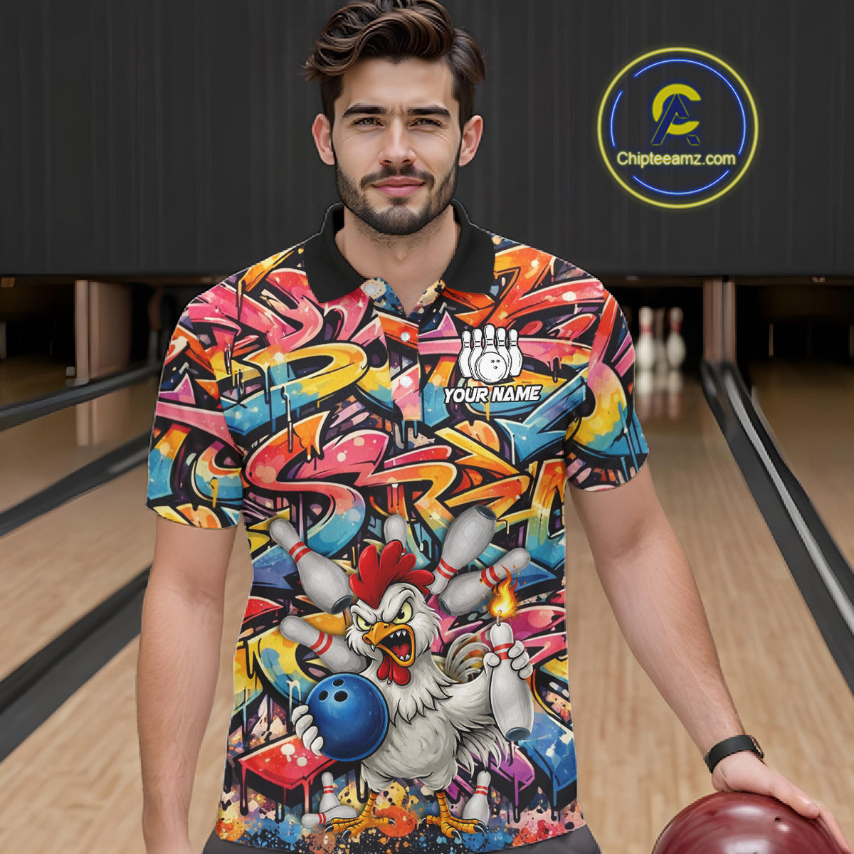 Funny Rooster Graffiti Style Bowling Jersey For Men Custom Bowling Team Jersey Polo & 1/4 Zip TDM6121