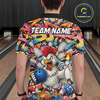 Funny Rooster Graffiti Style Bowling Jersey For Men Custom Bowling Team Jersey Polo & 1/4 Zip TDM6121