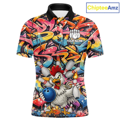 Funny Rooster Graffiti Style Bowling Jersey For Men Custom Bowling Team Jersey Polo & 1/4 Zip TDM6121