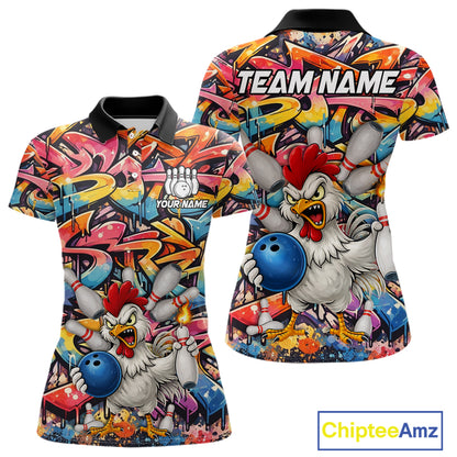 Funny Rooster Graffiti Style Bowling Jersey For Women Custom Bowling Team Jersey Polo & 1/4 Zip TDM6121