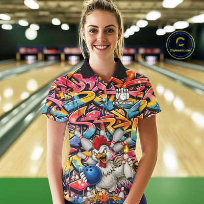Funny Rooster Graffiti Style Bowling Jersey For Women Custom Bowling Team Jersey Polo & 1/4 Zip TDM6121