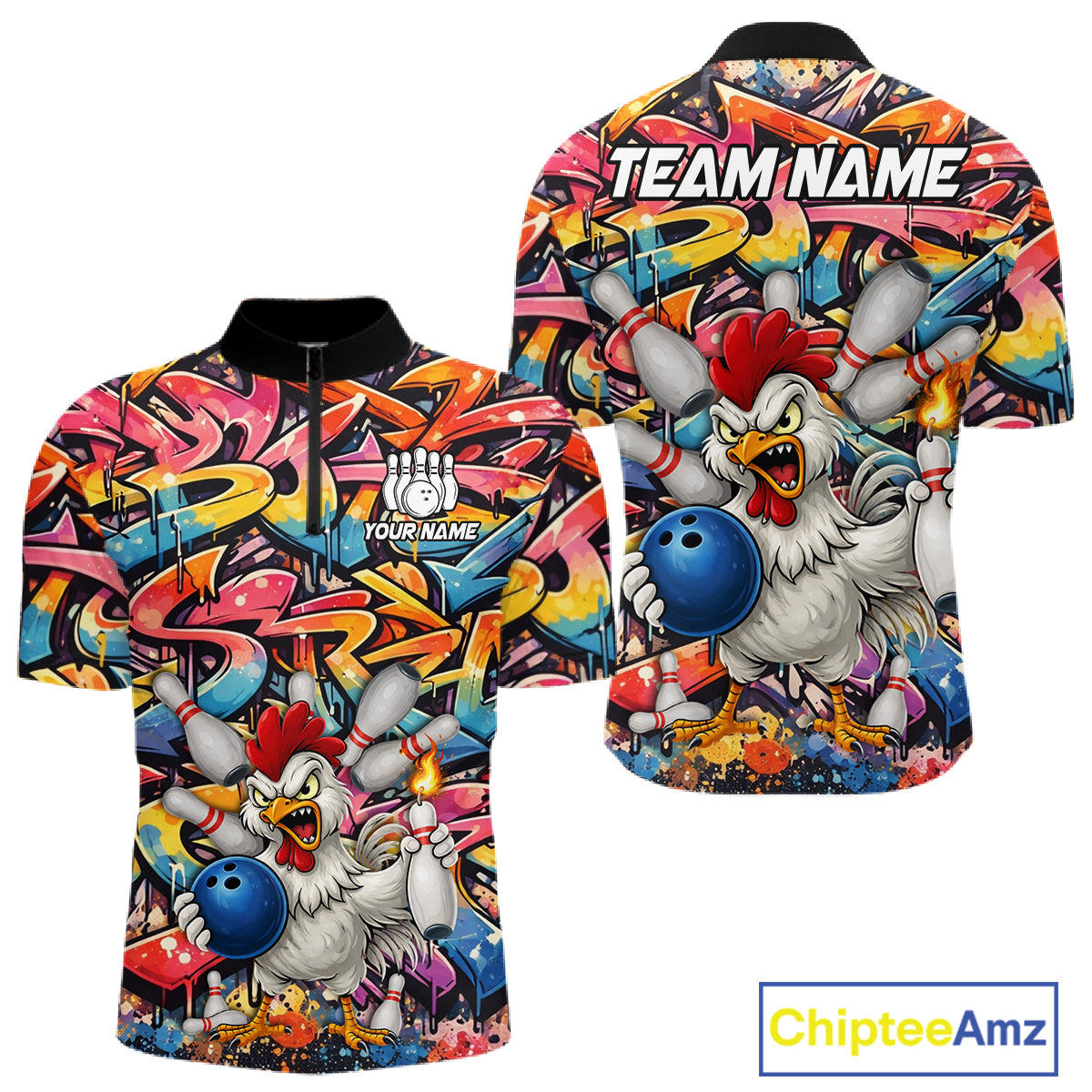 Funny Rooster Graffiti Style Bowling Jersey For Men Custom Bowling Team Jersey Polo & 1/4 Zip TDM6121