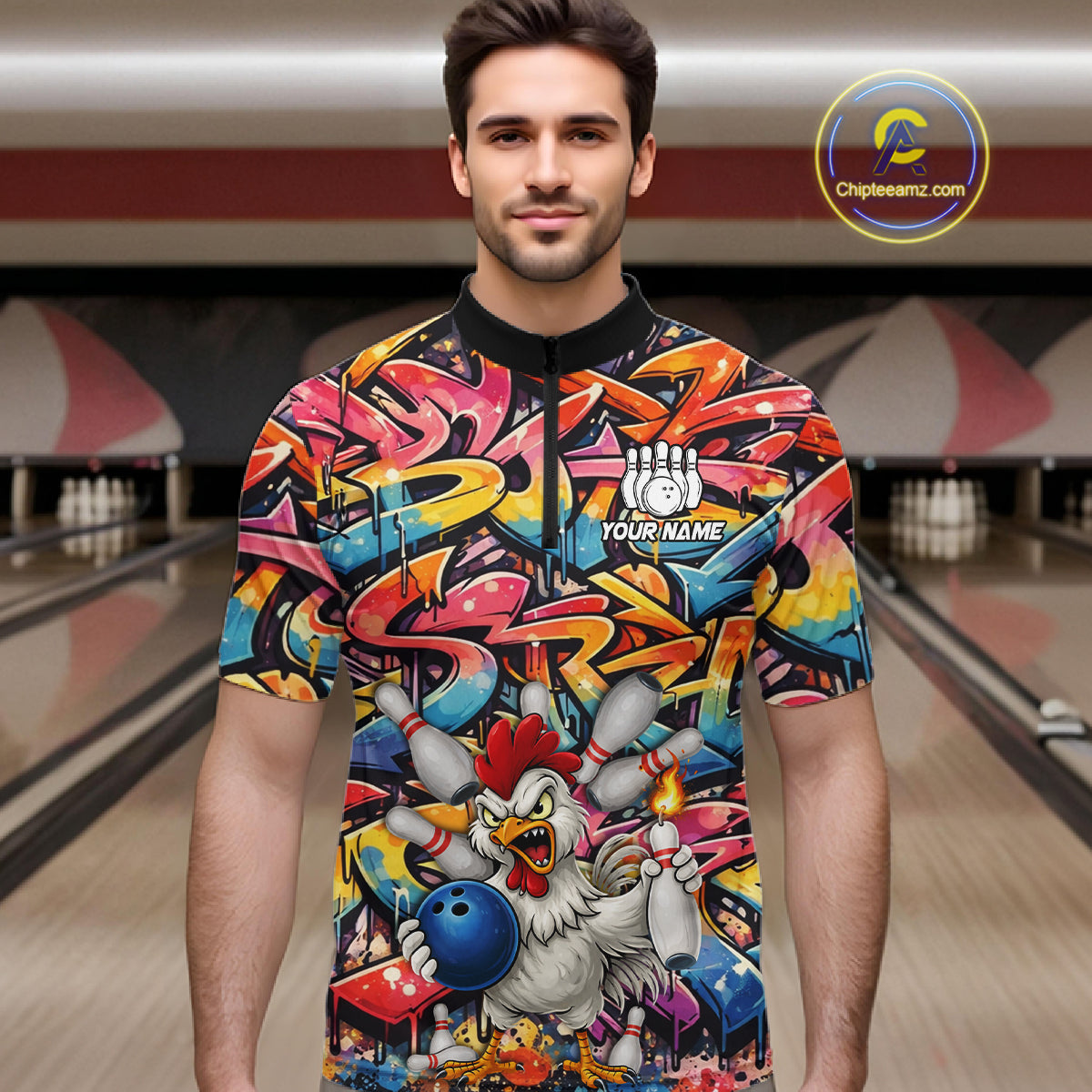 Funny Rooster Graffiti Style Bowling Jersey For Men Custom Bowling Team Jersey Polo & 1/4 Zip TDM6121