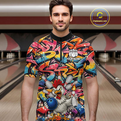 Funny Rooster Graffiti Style Bowling Jersey For Men Custom Bowling Team Jersey Polo & 1/4 Zip TDM6121