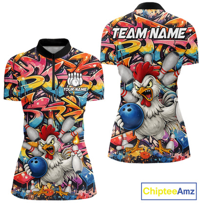 Funny Rooster Graffiti Style Bowling Jersey For Women Custom Bowling Team Jersey Polo & 1/4 Zip TDM6121