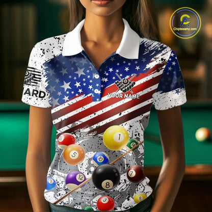 Personalized White Grunge American Flag Billiard Shirt For Women, Patriotic 8 Ball Pool Team Jerseys TDM4224