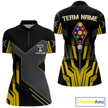 Load image into Gallery viewer, Personalized Yellow Black 9 Ball Pool Shirt For Women, Billiard League Team Jersey Polo &amp; 1/4 Zip TDM4228